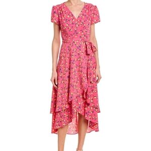 Betsey Johnson Pink Floral Scuba Crepe V-neck High-Low Dress size 8